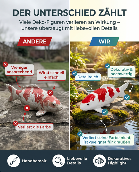 Vergleich einer einfachen Koi-Dekofigur mit einer detailreichen handbemalten Kohaku Koi-Figur für den Außenbereich
