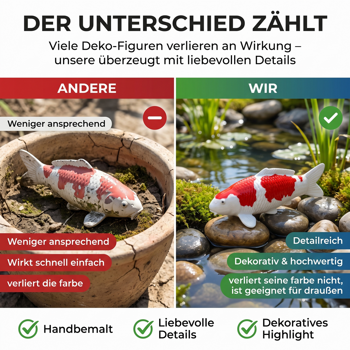 Vergleich der Kohaku Koi-Figur mit detailreicher Verarbeitung als besondere Fischfigur und dekorativer Blickfang für Garten und Wohnbereich