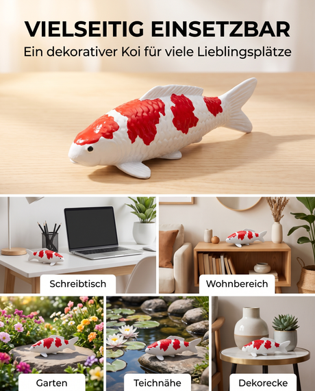 Handbemalte Kohaku Koi-Figur als vielseitige Dekoration für Schreibtisch, Wohnbereich, Garten, Teichnähe und Dekoecke