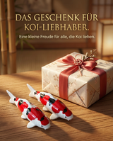 Rot-schwarz-weiße Koi-Figur neben Geschenkbox als besondere Geschenkidee für Koi-Liebhaber und Freunde japanischer Dekoration