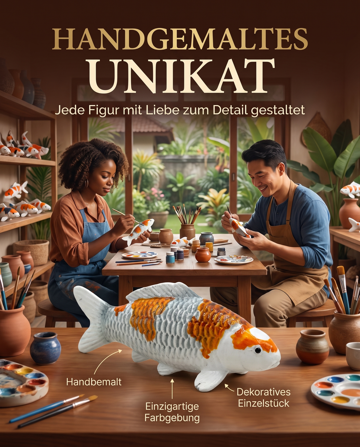Handbemalte Koi-Figur als dekoratives Unikat mit Darstellung der individuellen Bemalung und handwerklichen Gestaltung.