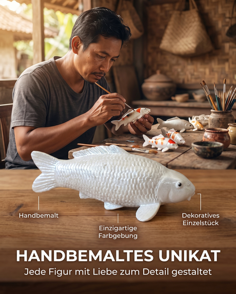Weisse Koi Figur unbemalt Dekoration Schreibtisch Wohnbereich Garten Teichnaehe Dekoecke Fischfigur Schuppenstruktur Wohnaccessoire Gartendeko Teichdeko Bastelfigur Rohling Dekoobjekt