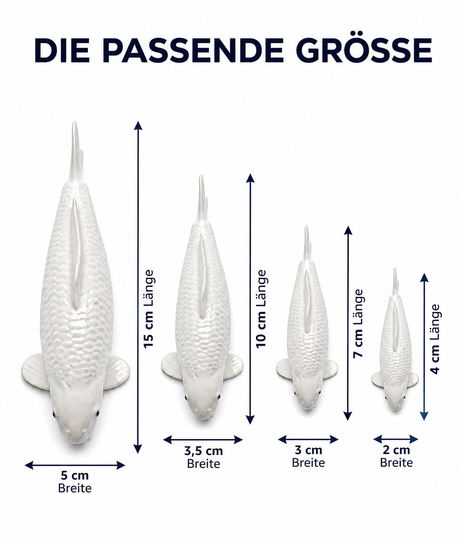 Weisse unbemalte Koi Figur Groessenvergleich 15 cm 10 cm 7 cm 4 cm Breite 5 3,5 3 2 cm