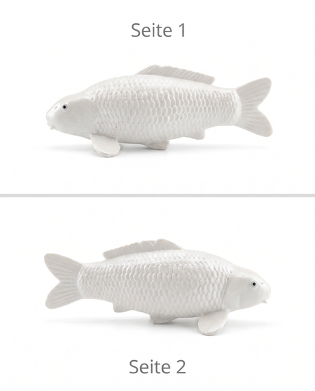 Weisse unbemalte Koi Figur Seitenansichten beidseitig Schuppenstruktur Flossen Fischfigur Rohling Detailansicht Dekoration Bastelfigur Modell Koi Deko Oberfläche Seitenprofil