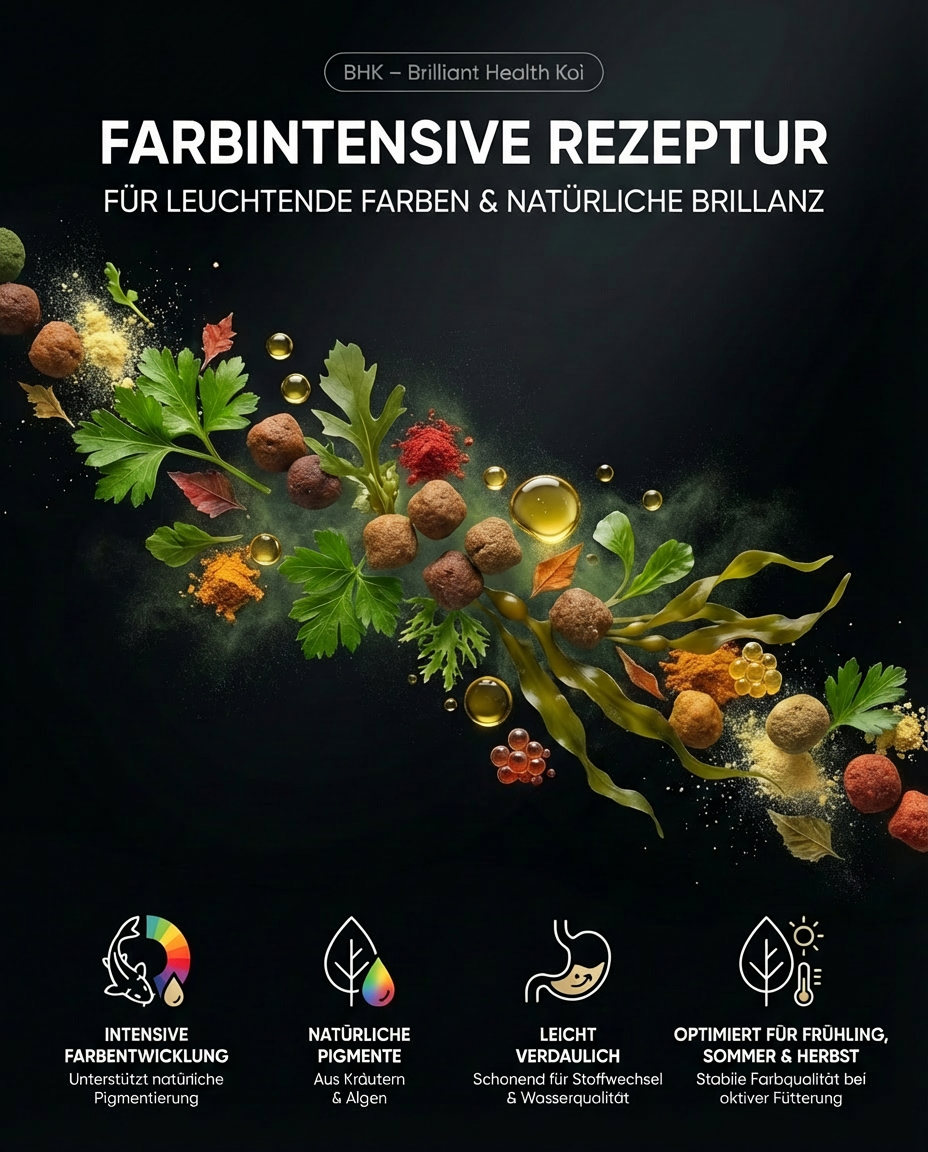 Farbintensive Koi Futter Rezeptur mit natürlichen Pigmenten für leuchtende Farben