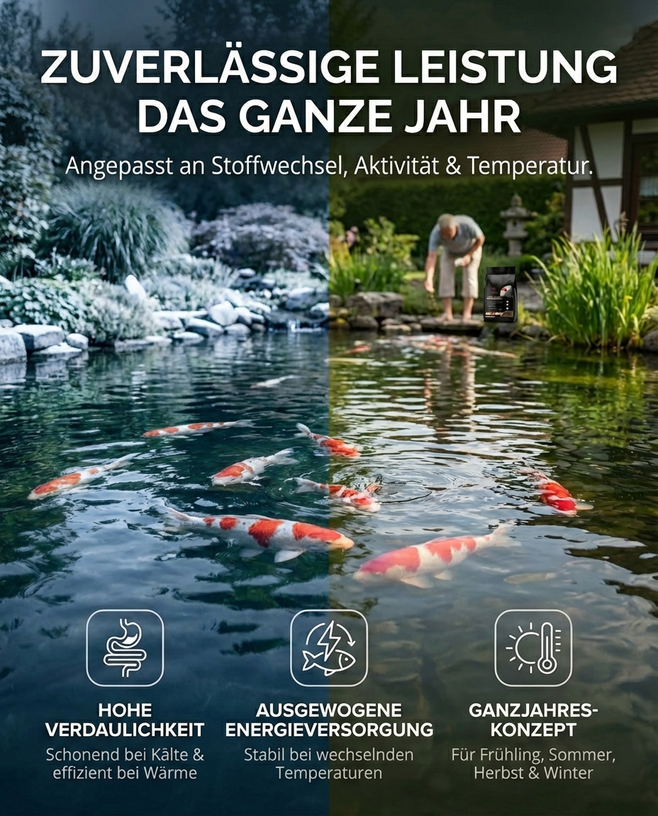 Koi Fütterung im Teich für zuverlässige Leistung und Gesundheit das ganze Jahr