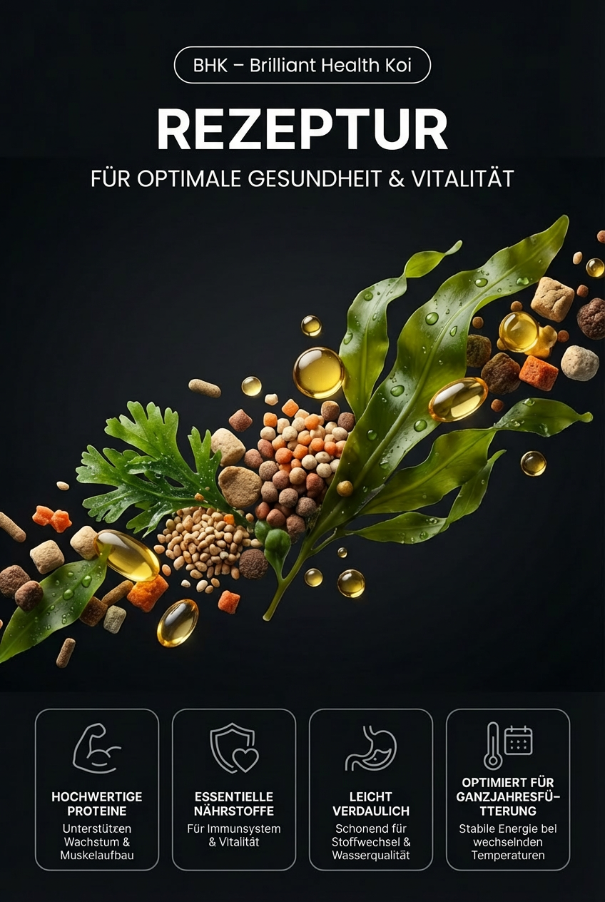 Koi Futter Rezeptur mit natürlichen Inhaltsstoffen für ganzjährige Vitalität