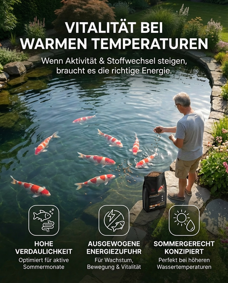 Koi Fütterung im Sommer für Vitalität bei warmen Temperaturen im Teich