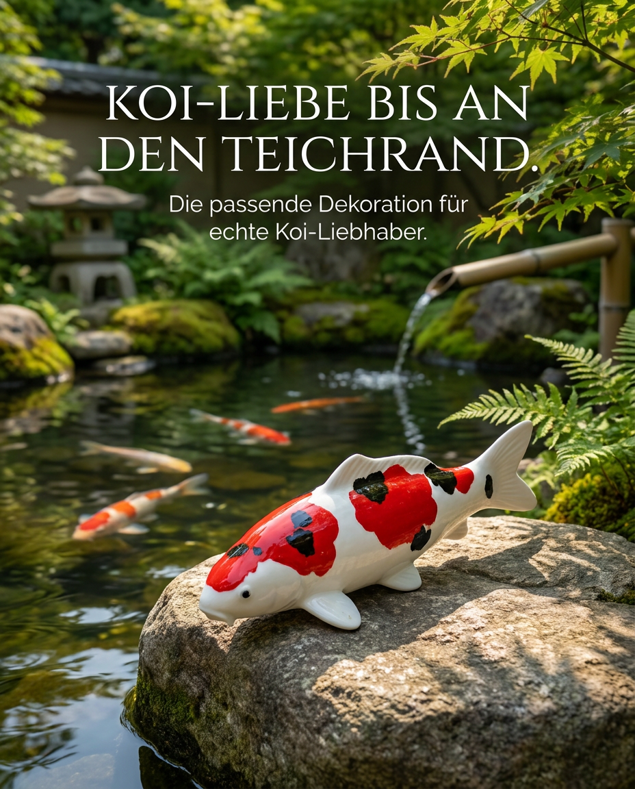 Rot-schwarz-weiße Karpfen-Figur am Gartenteich als besondere Japan-Deko für Teichbereich, Garten und Terrasse