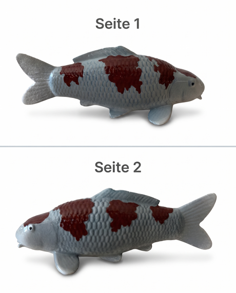 Handbemalte Koi Figur weiss braun Seitenansichten Schuppenstruktur Flossen Fischfigur Handarbeit Unikat Detailansicht Dekoration Seitenprofil Modell KoiDeko Sammlerstueck beidseitig