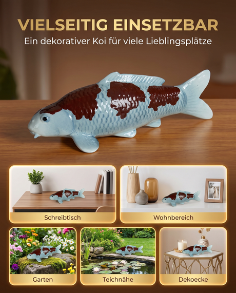 Hellblaue Koi Figur braun gemustert Dekoration Schreibtisch Wohnbereich Garten Teichnaehe Dekoecke Fischfigur Schuppenstruktur Wohnaccessoire Gartendeko Blickfang Dekoobjekt Teichdeko