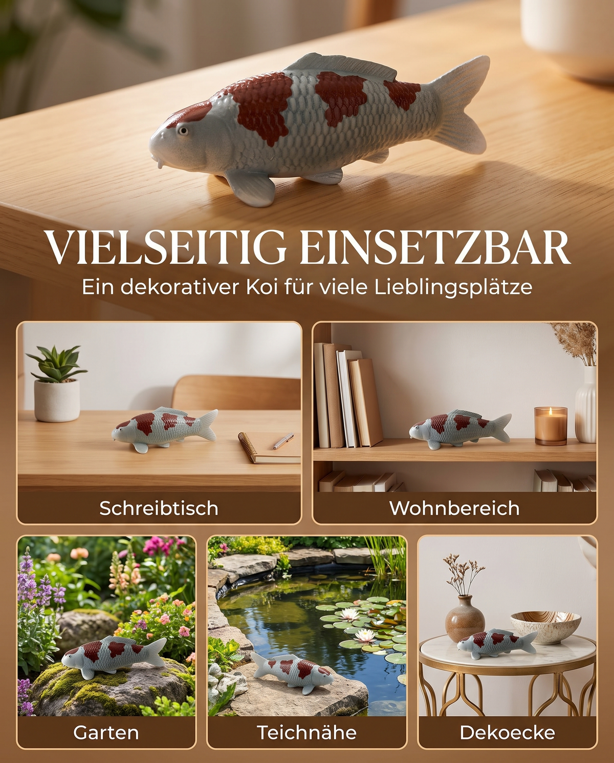 Handbemalte Koi Figur weiss braun Dekoration Schreibtisch Wohnbereich Garten Teichnaehe Dekoecke Fischfigur Handarbeit Unikat Wohnaccessoire Gartendeko Blickfang Dekoobjekt