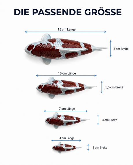 Koi Figur braun weiss Groessenvergleich 15 cm 10 cm 7 cm 4 cm Breite Fischfigur handbemalt Dekoration Groessenwahl