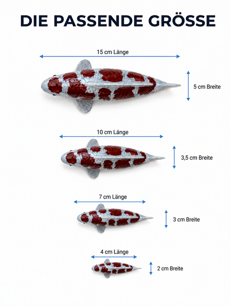 Koi Figur braun weiss Groessenvergleich 15 cm 10 cm 7 cm 4 cm Breite Fischfigur handbemalt Dekoration Groessenwahl