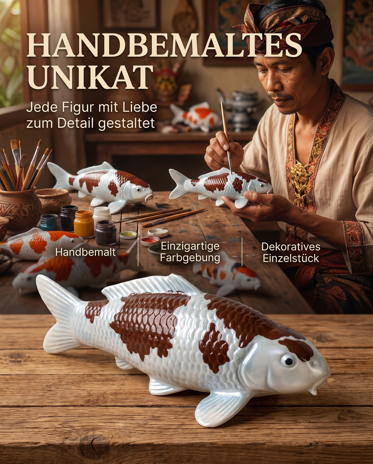 Handbemalte Koi Figur weiss braun Unikat Handarbeit Fischfigur Schuppenstruktur Farbgebung Kunsthandwerk Atelier Pinselbemalung Dekoration Einzelstueck Koi-Deko Sammlerstueck Detailarbeit