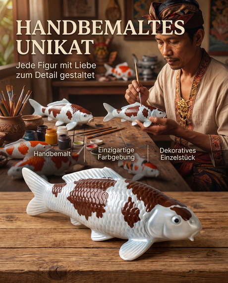 Handbemalte Koi Figur weiss braun Unikat Handarbeit Fischfigur Schuppenstruktur Farbgebung Kunsthandwerk Atelier Pinselbemalung Dekoration Einzelstueck Koi-Deko Sammlerstueck Detailarbeit