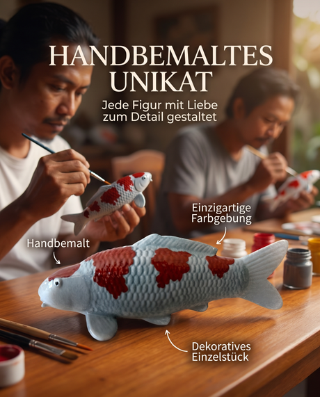 Handbemalte Koi Figur hellblau braun Unikat Handarbeit Fischfigur Schuppenstruktur Farbgebung Kunsthandwerk Atelier Pinselbemalung Dekoration Einzelstueck Detailarbeit KoiDeko Sammlerstueck