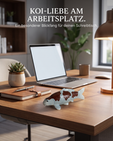 Handbemalte Koi Figur weiss braun Schreibtischdeko Arbeitsplatz Buero Holzschreibtisch Laptop Pflanze Tischlampe Notizbuch Fischfigur Handarbeit Unikat Wohnaccessoire Blickfang