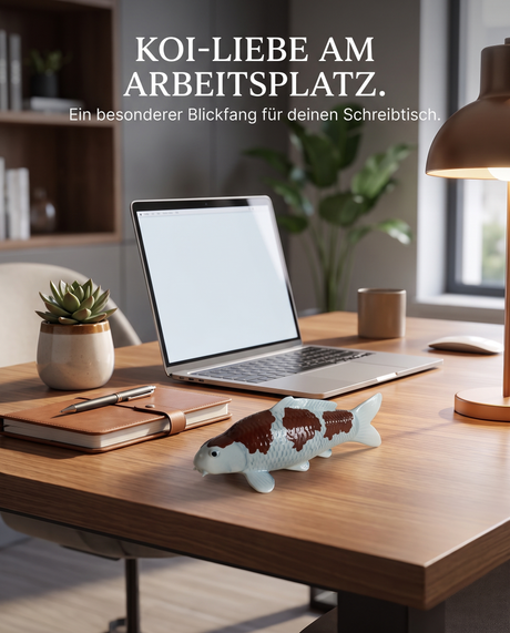 Handbemalte Koi Figur weiss braun Schreibtischdeko Arbeitsplatz Buero Holzschreibtisch Laptop Pflanze Tischlampe Notizbuch Fischfigur Handarbeit Unikat Wohnaccessoire Blickfang