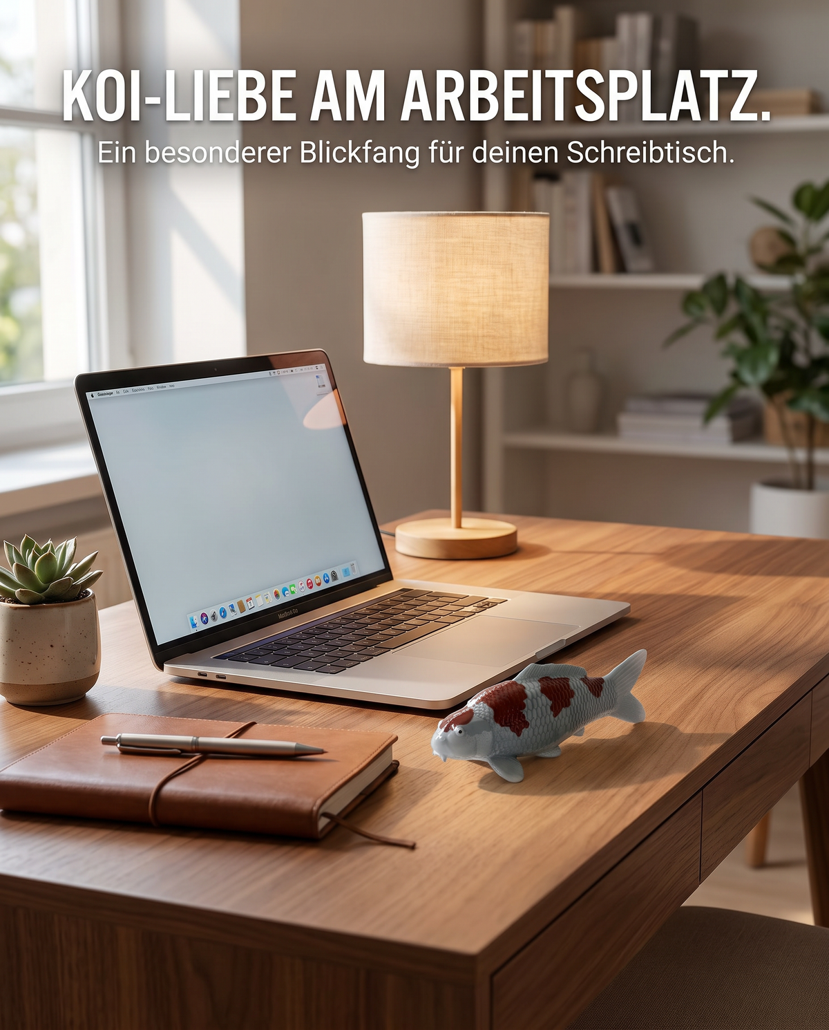 Handbemalte Koi Figur weiss braun Schreibtischdeko Arbeitsplatz Buero Holzschreibtisch Laptop Tischlampe Notizbuch Pflanze Fischfigur Handarbeit Unikat Wohnaccessoire Blickfang