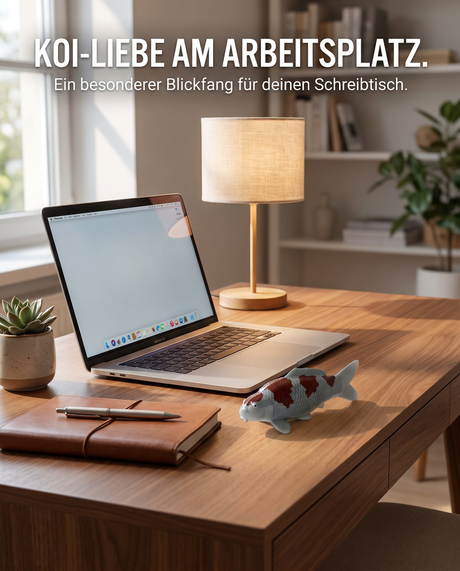 Handbemalte Koi Figur weiss braun Schreibtischdeko Arbeitsplatz Buero Holzschreibtisch Laptop Tischlampe Notizbuch Pflanze Fischfigur Handarbeit Unikat Wohnaccessoire Blickfang