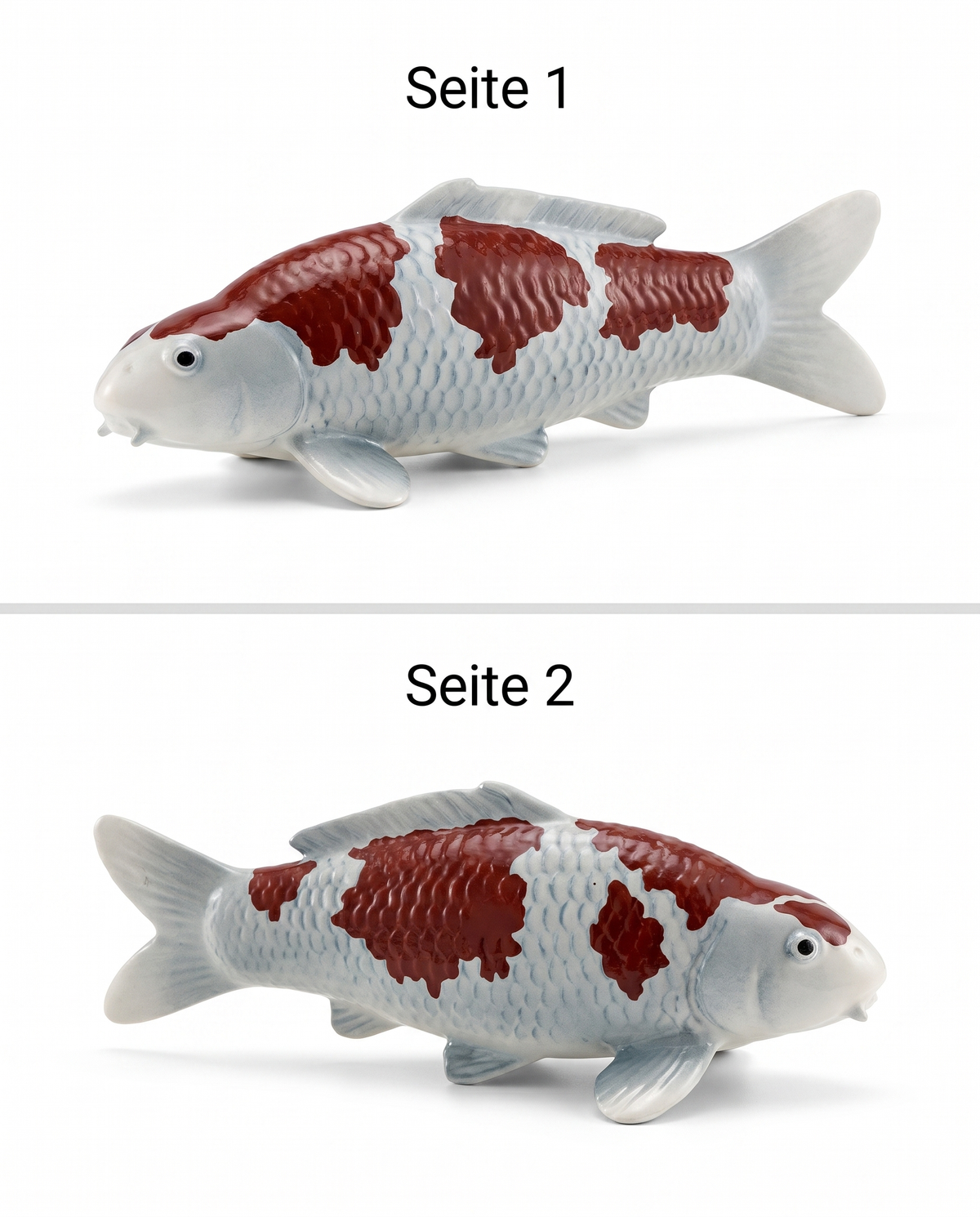 Handbemalte Koi Figur weiss braun Seitenansichten beidseitig Schuppenstruktur Flossen Fischfigur Handarbeit Unikat Detailansicht Dekoration Seitenprofil Modell KoiDeko Sammlerstueck