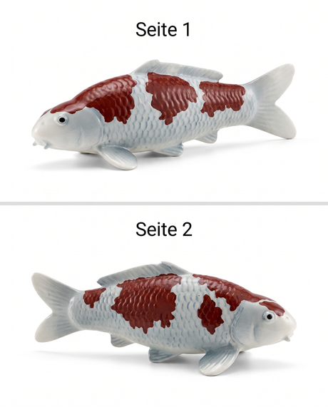 Handbemalte Koi Figur weiss braun Seitenansichten beidseitig Schuppenstruktur Flossen Fischfigur Handarbeit Unikat Detailansicht Dekoration Seitenprofil Modell KoiDeko Sammlerstueck