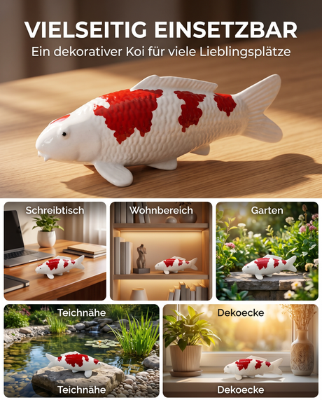 Handbemalte Koi Figur rot weiss vielseitige Dekoration Schreibtisch Wohnbereich Garten Teichnaehe Dekoecke Fischfigur Handarbeit Unikat Schuppenstruktur Wohnaccessoire Gartendeko