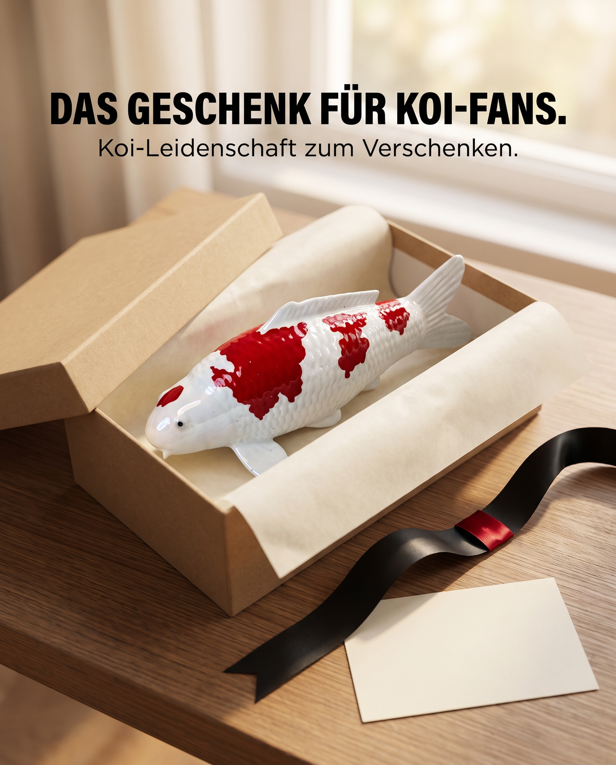 Handbemalte Koi Figur rot weiss in Geschenkbox mit Seidenpapier Schleifenband Grusskarte Geschenkidee fuer KoiFans Handarbeit Unikat Dekoration Sammlerstueck