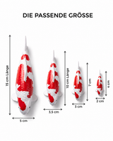 Handbemalte Koi Figur rot weiss Groessenvergleich mit vier Groessen Laenge Breite Massangaben Fischfigur Dekoration Handarbeit Groessenwahl Produktuebersicht Abmessungen