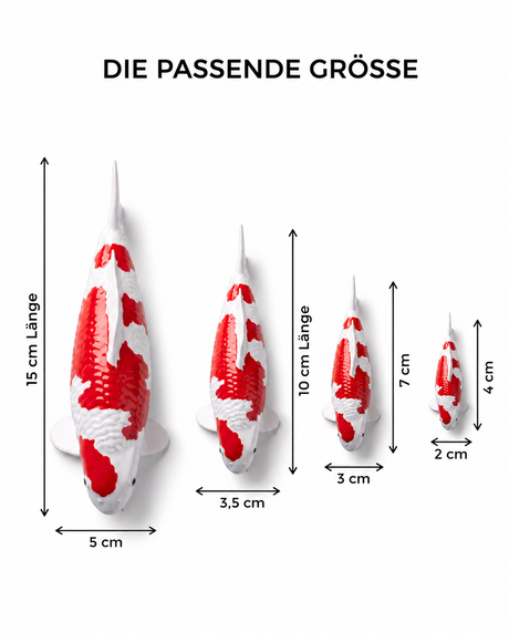 Handbemalte Koi Figur rot weiss Groessenvergleich mit vier Groessen Laenge Breite Massangaben Fischfigur Dekoration Handarbeit Groessenwahl Produktuebersicht Abmessungen