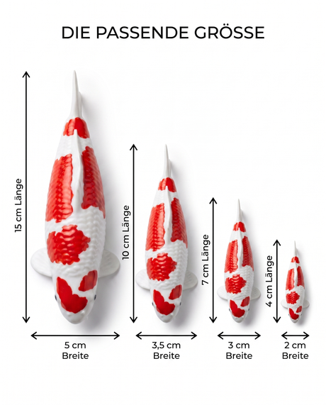 Koi Figur rot weiss Groessenvergleich 15 cm 10 cm 7 cm 4 cm Laenge Breite handbemalt Fischfigur Groessenwahl