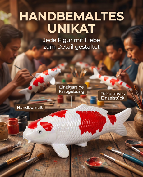 Handbemalte Koi Figur rot weiss Unikat Handarbeit Fischfigur Schuppenstruktur Farbgebung Kunsthandwerk Atelier Pinselbemalung Dekoration Einzelstueck KoiDeko Sammlerstueck Detailarbeit
