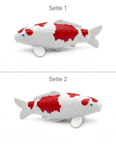 Handbemalte Koi Figur rot weiss Seitenansichten beidseitig Fischfigur Schuppenstruktur Flossen Farbgebung Handarbeit Unikat Detailansicht Seitenprofil Dekoration KoiDeko Sammlerstueck