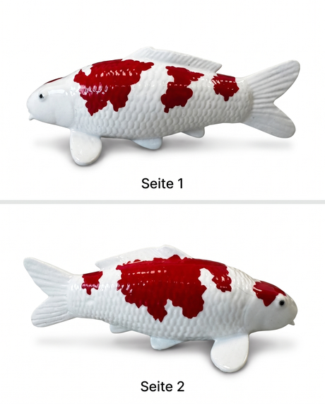 Handbemalte Koi Figur rot weiss in beidseitiger Seitenansicht mit Schuppenstruktur Flossen Farbgebung Handarbeit Unikat Detailansicht Dekoration Fischfigur