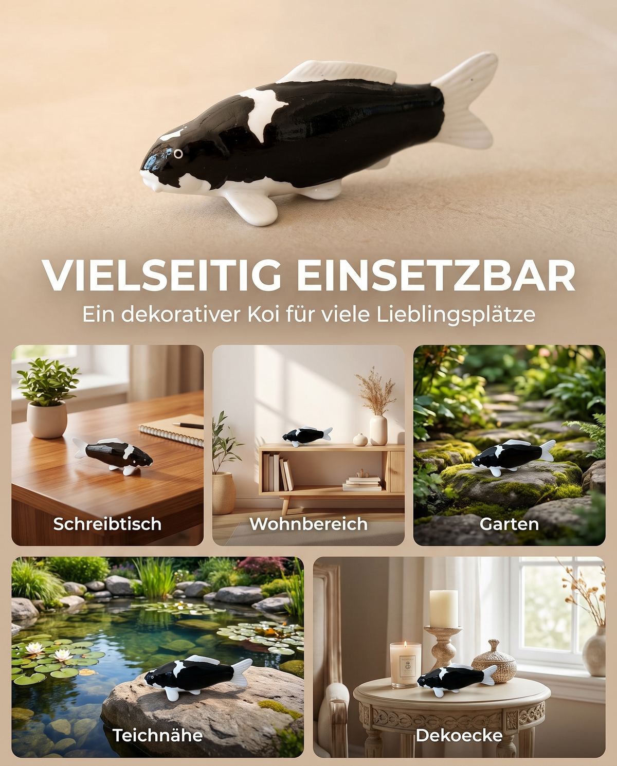 Handbemalte Koi Figur schwarz weiss Dekoration Schreibtisch Wohnbereich Garten Teichnaehe Dekoecke Fischfigur Handarbeit Unikat Wohnaccessoire Gartendeko Blickfang Dekoobjekt