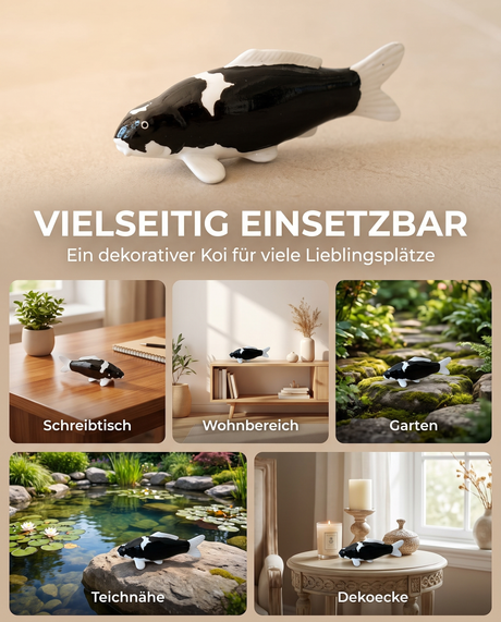 Handbemalte Koi Figur schwarz weiss Dekoration Schreibtisch Wohnbereich Garten Teichnaehe Dekoecke Fischfigur Handarbeit Unikat Wohnaccessoire Gartendeko Blickfang Dekoobjekt
