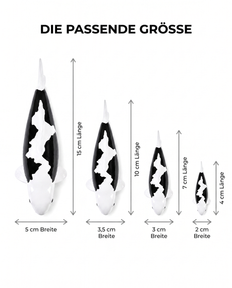 Koi Figur schwarz weiss Groessenvergleich 15 cm 10 cm 7 cm 4 cm Laenge Breite handbemalt Fischfigur Groessenwahl