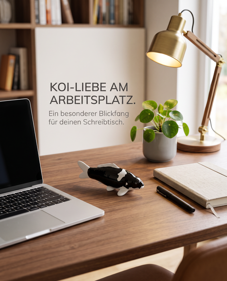 Handbemalte Koi Figur schwarz weiss Schreibtischdeko Arbeitsplatz Buero Holzschreibtisch Laptop Tischlampe Pflanze Notizbuch Fischfigur Handarbeit Unikat Wohnaccessoire Blickfang