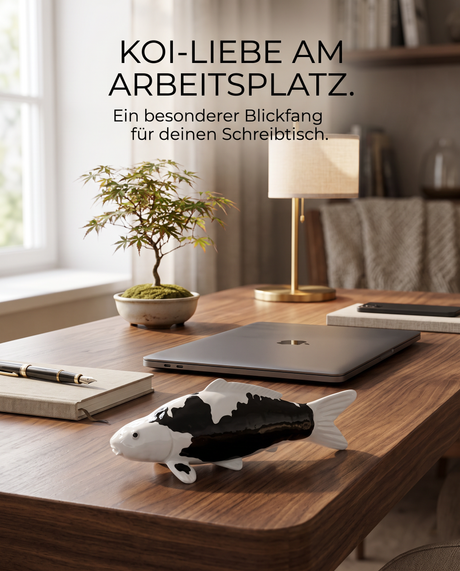 Handbemalte Koi Figur schwarz weiss Schreibtischdeko Arbeitsplatz Holzschreibtisch Laptop Bonsai Tischlampe Notizbuch Fischfigur Handarbeit Unikat Wohnaccessoire Blickfang Dekoration