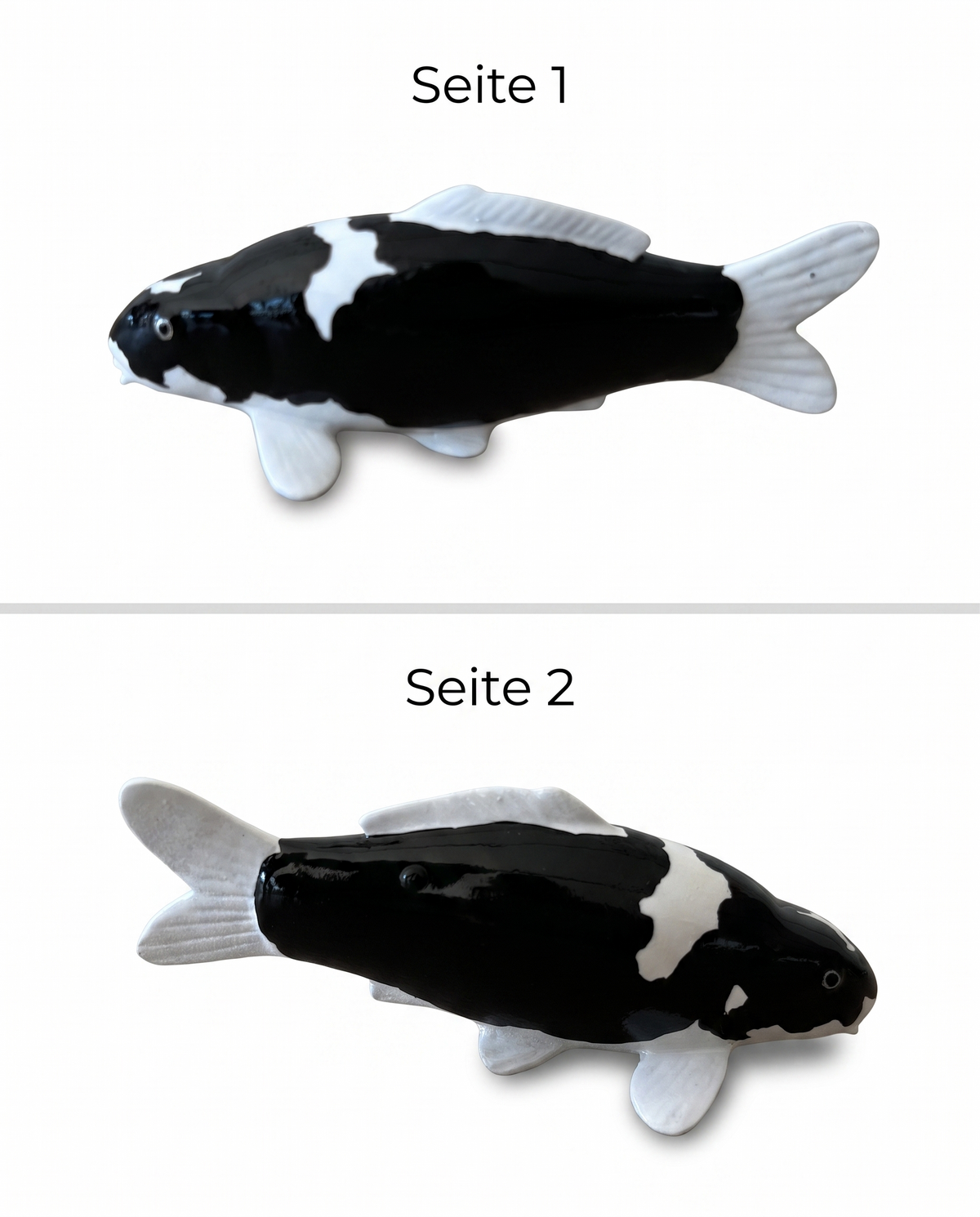 Handbemalte Koi Figur schwarz weiss Seitenansichten beidseitig Fischfigur Flossen glaenzende Oberflaeche Handarbeit Unikat Detailansicht Dekoration Seitenprofil KoiDeko Sammlerstueck