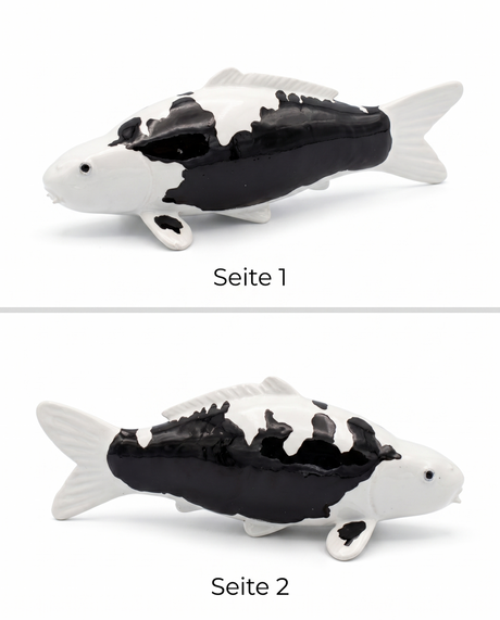 Handbemalte Koi Figur schwarz weiss Seitenansicht beidseitig Fischfigur Flossen Farbgebung Handarbeit Unikat Detailansicht Seitenprofil KoiDeko Dekoration Sammlerstueck Wohnaccessoire