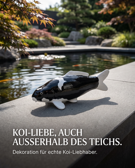Handbemalte Koi Figur schwarz weiss Teichrand Gartendeko japanischer Garten Fischfigur glaenzende Oberflaeche Handarbeit Unikat Steinplatte Teichdeko Dekoration KoiLiebhaber
