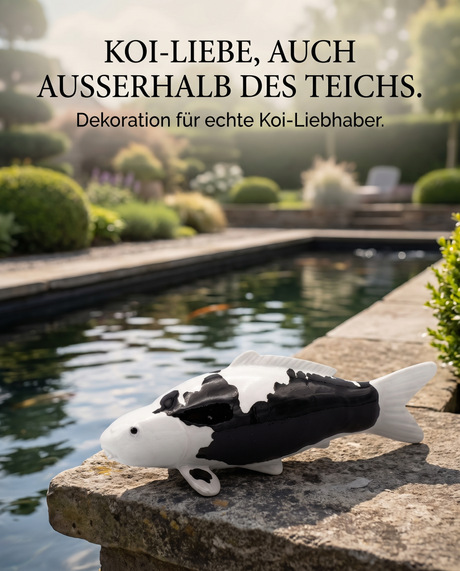 Handbemalte Koi Figur schwarz weiss Teichrand Gartendeko japanischer Garten Fischfigur Handarbeit Unikat Steinplatte Teichdekoration Koi Liebhaber Dekoration