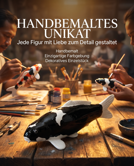 Handbemalte Koi Figur schwarz weiss Unikat Handarbeit Fischfigur Farbgebung Kunsthandwerk Atelier Pinselbemalung Dekoration Einzelstueck KoiDeko Sammlerstueck Detailarbeit Schuppenstruktur