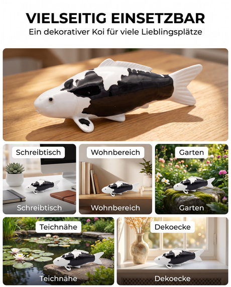 Handbemalte Koi Figur schwarz weiss vielseitige Dekoration Schreibtisch Wohnbereich Garten Teichnaehe Dekoecke Fischfigur Handarbeit Unikat Wohnaccessoire Gartendeko Blickfang