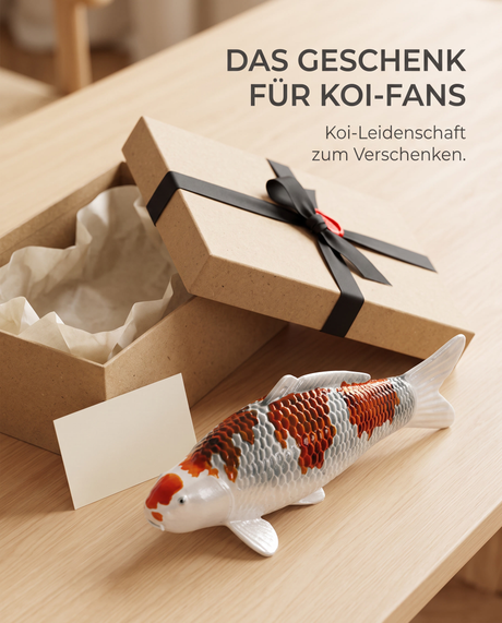 Handbemalte Kujaku Koi-Figur als Geschenkidee für Koi-Fans neben einer Geschenkbox