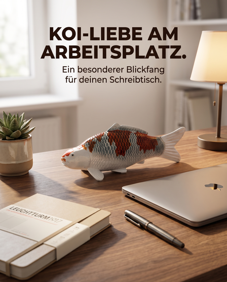 Handbemalte Kujaku Koi-Figur als dekorativer Blickfang auf einem Schreibtisch.
