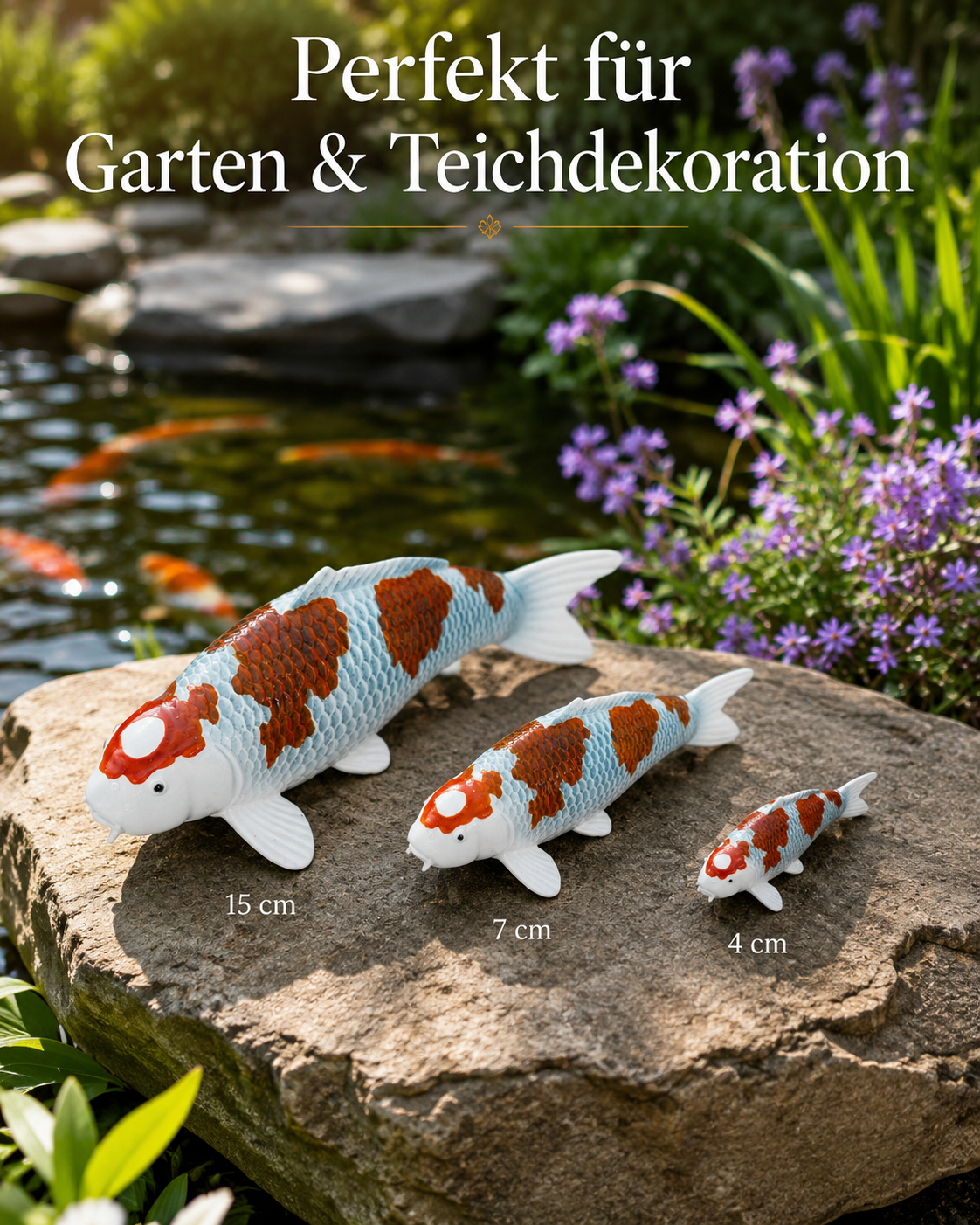 Kujaku Koi-Figuren in drei Größen als dekorativer Blickfang für Garten und Teich