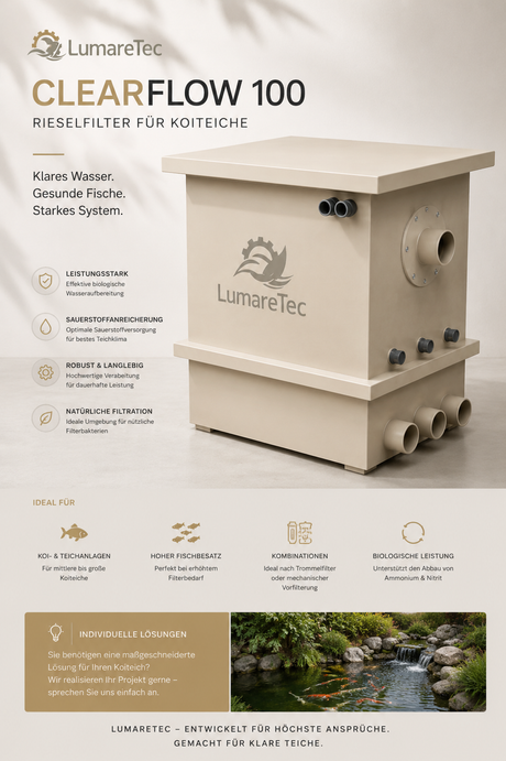 LumareTec ClearFlow 100 Rieselfilter für Koiteiche Seitenansicht mit Filterstufen und Rohranschlüssen